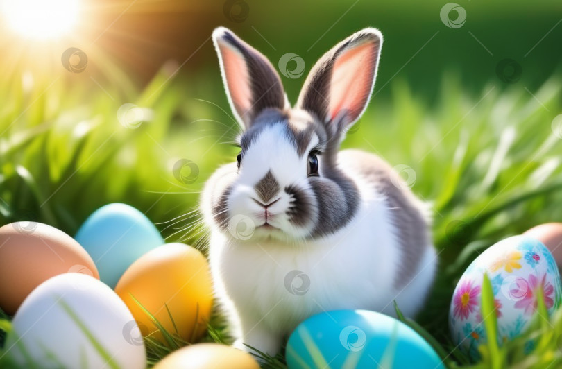 Скачать Маленький пасхальный кролик в траве с раскрашенными пасхальными яйцами. Весенняя пасхальная открытка, мягкий фокус. фотосток Ozero