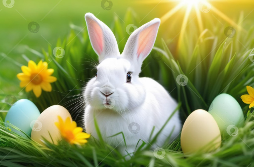 Скачать Кролик-заяц с пасхальными яйцами в зеленой траве. Белый маленький пасхальный кролик на открытом воздухе на весеннем лугу с желтыми цветами, солнечные лучи, мягкий фокус. фотосток Ozero