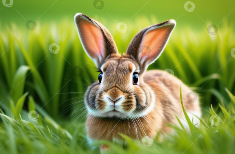 Скачать Кролик в зеленой траве. Красно-коричневый маленький пасхальный кролик на открытом воздухе на весенне-летнем лугу под солнечными лучами, мягкий фокус. фотосток Ozero