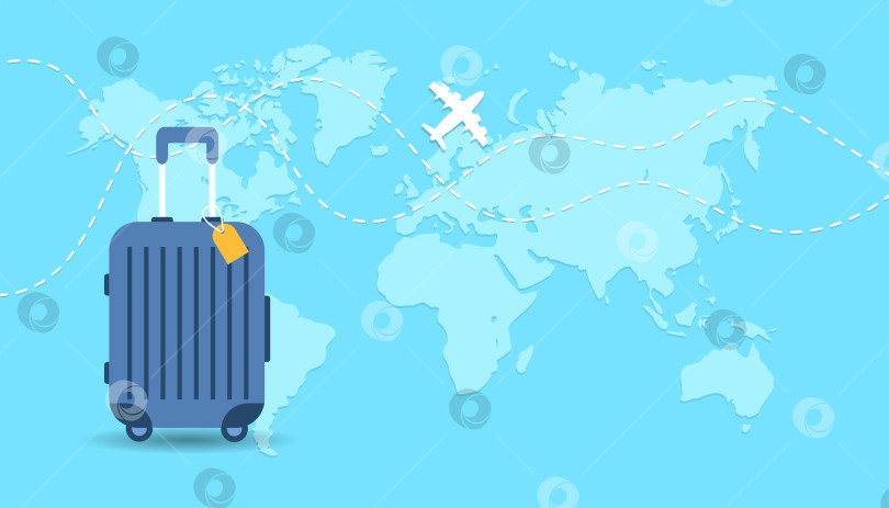 Скачать Синий чемодан на фоне с картой, маршрутом путешествия и летящим самолетом фотосток Ozero