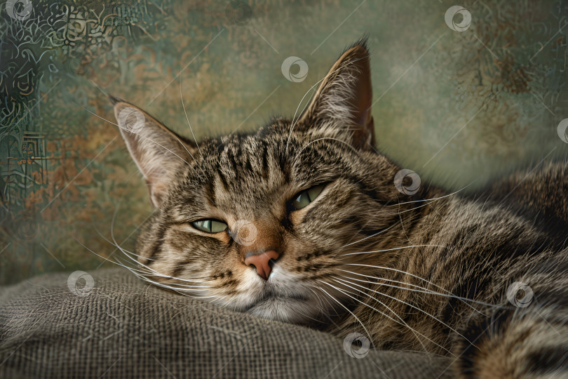 Скачать Полосатая кошка, отдыхающая на приглушенном зеленом фоне фотосток Ozero