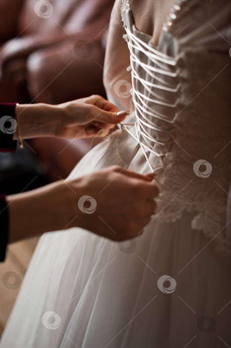 Скачать Руки подруги завязывают шнурки на платье невесты 4044. фотосток Ozero