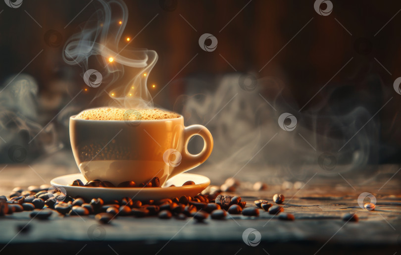 Скачать Дымящаяся чашка кофе с рассыпанными зернами на деревянной поверхности в деревенском стиле, создающая теплую и уютную атмосферу фотосток Ozero