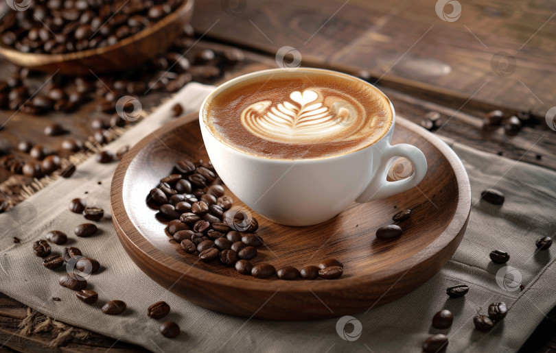 Скачать Дымящаяся чашка кофе латте арт, стоящая на деревянной поверхности, окруженная кофейными зернами и мешковиной, создает теплую, уютную атмосферу фотосток Ozero