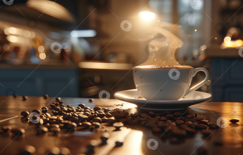 Скачать Дымящаяся чашка кофе с рисунком латте на блюдце, украшенном кофейными зернами, на деревянном столе в деревенском стиле в уютной кухонной обстановке фотосток Ozero
