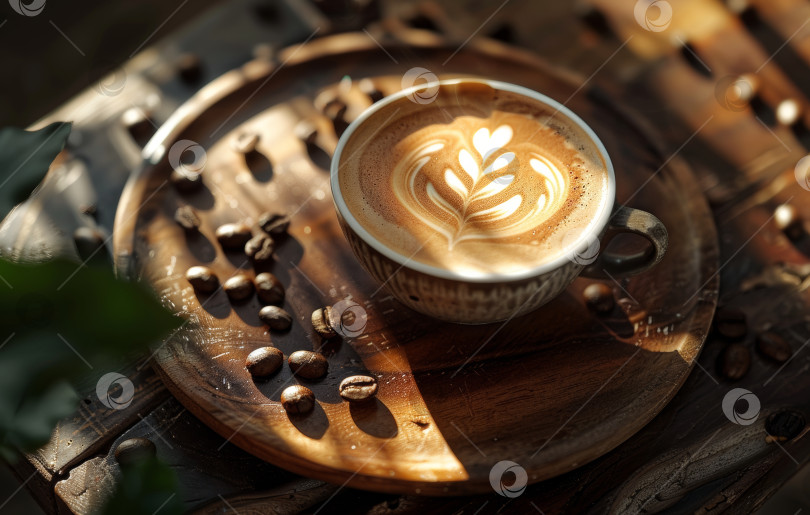 Скачать Дымящаяся чашка кофе латте арт, стоящая на деревянной поверхности, окруженная кофейными зернами и мешковиной, создает теплую, уютную атмосферу фотосток Ozero