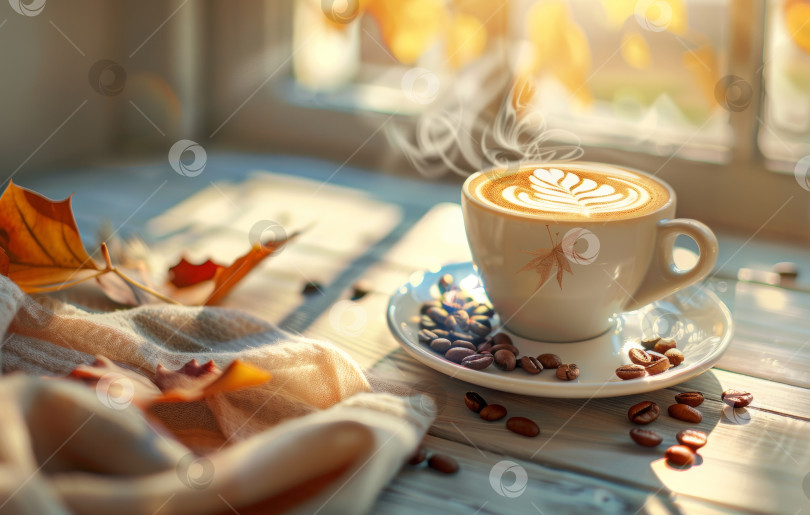 Скачать В уютной осенней обстановке вас ждет дымящаяся чашка латте с рисунком латте-арт, окруженная кофейными зернами, теплым шарфом и яркими листьями фотосток Ozero