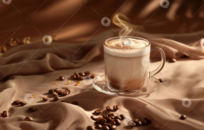 Скачать Теплая и манящая чашка латте арт на блюдце, окруженная кофейными зернами, источающими пар, на мягком текстурированном фоне фотосток Ozero