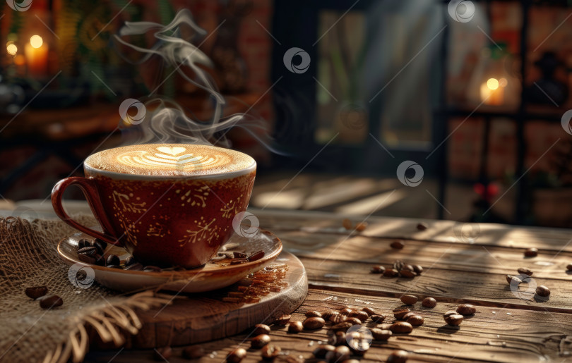 Скачать Дымящаяся чашка кофе с рисунком латте на блюдце, украшенном кофейными зернами, на деревянном столе в деревенском стиле в уютной кухонной обстановке фотосток Ozero