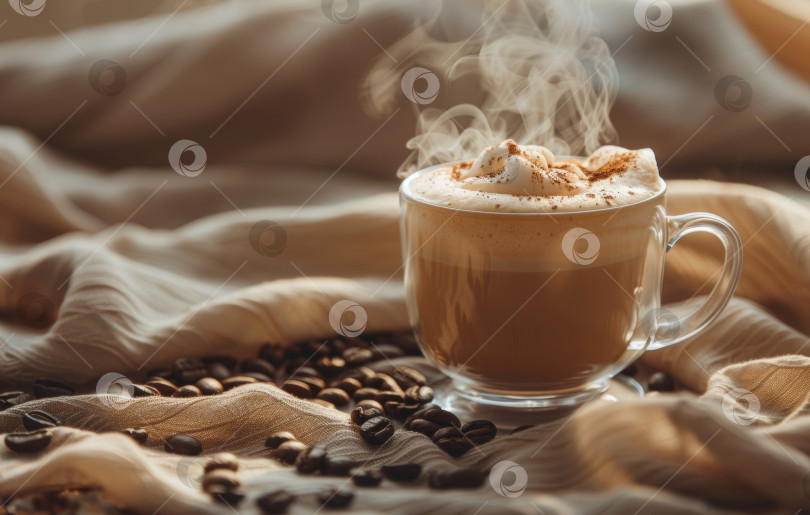 Скачать Теплая и манящая чашка латте арт на блюдце, окруженная кофейными зернами, источающими пар, на мягком текстурированном фоне фотосток Ozero