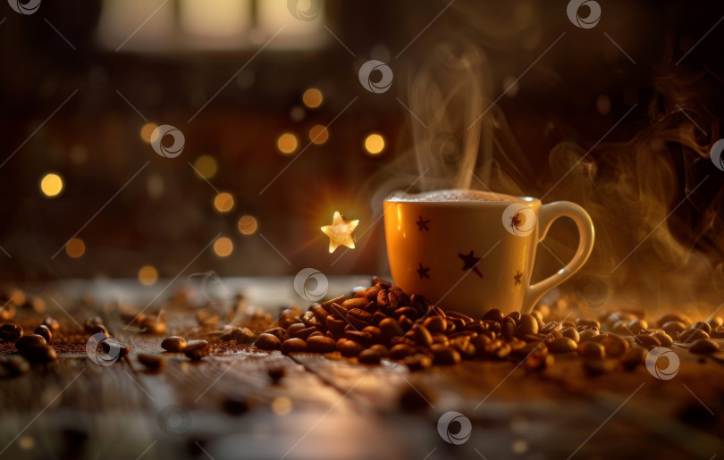 Скачать Теплая, манящая чашка кофе испускает пар на деревянном столе в деревенском стиле среди рассыпанных кофейных зерен на фоне светлого боке фотосток Ozero