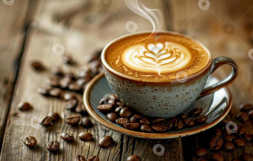 Скачать Дымящаяся чашка кофе с художественным рисунком пенки латте на деревянном столе в деревенском стиле, кофейные зерна разбросаны рядом фотосток Ozero
