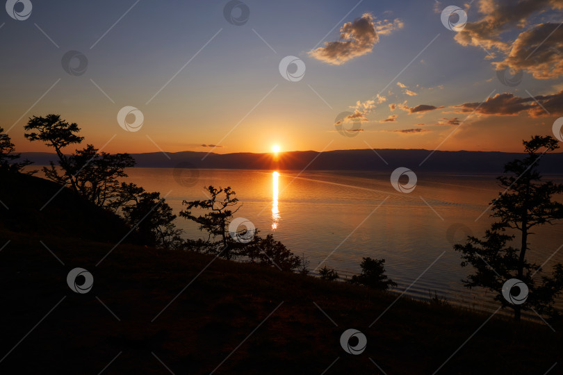 Скачать Прекрасный закат на озере Байкал. Силуэты лиственниц фотосток Ozero