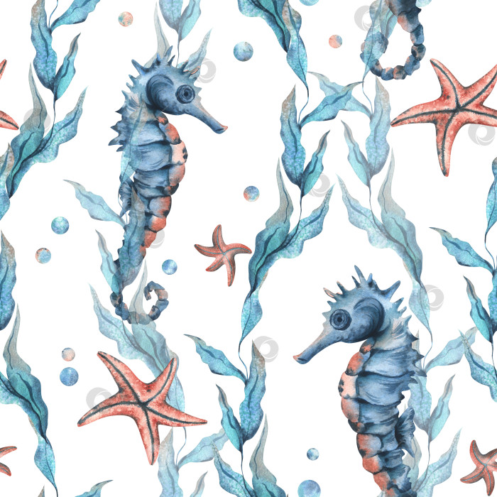 Скачать Клипарт подводного мира с морскими животными - морским коньком, морской звездой, пузырьками и водорослями. Рисованная акварельная иллюстрация. Бесшовный узор на белом фоне. фотосток Ozero