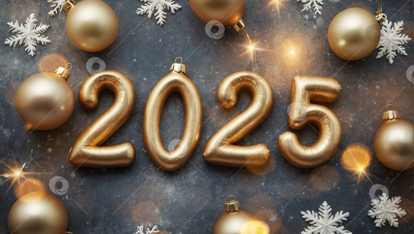 Скачать Иллюстрация с Новым годом - золотые буквы и цифры 2025 на праздничном разноцветном рождественском фоне с блестками, звездами, снегом. Поздравления, открытка. Календарь, обложка. Сгенерировано искусственным интеллектом фотосток Ozero