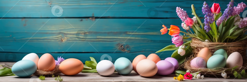 Скачать Разноцветные пасхальные яйца на столе с весенними цветами - Пасхальный баннер с пространством для текста. пасхальный фон в деревенском стиле. Сгенерирован искусственным интеллектом фотосток Ozero