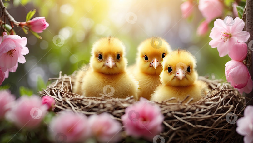 Скачать Милые пушистые желтые цыплята в весеннем цветущем гнезде из веток и цветов на природе. Весенняя открытка, весеннее время, дети, детство. Сгенерировано искусственным интеллектом фотосток Ozero