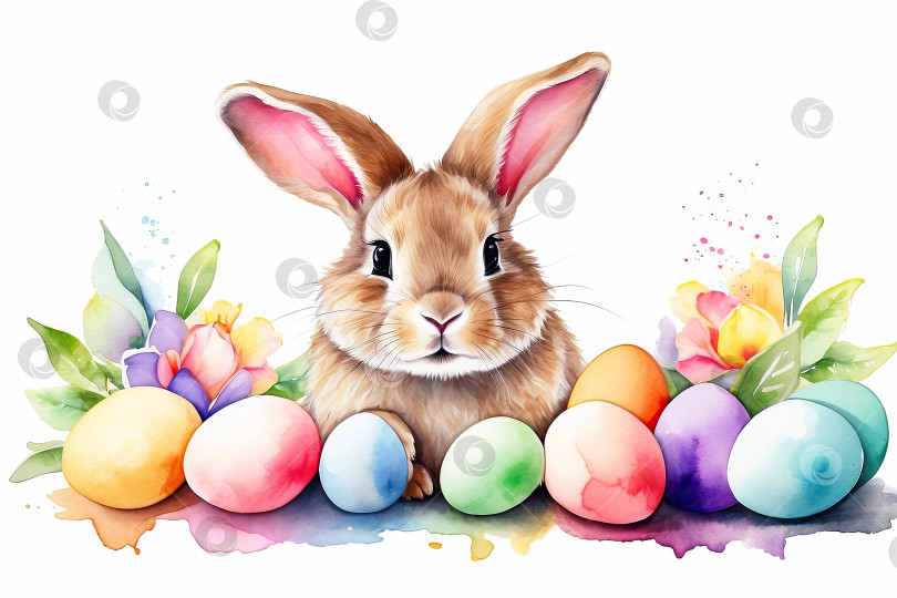 Скачать Милый акварельный пасхальный кролик с корзинкой яиц и весенними цветами - это иллюстрация детского персонажа на белом фоне, традиционная праздничная открытка. Сгенерированная искусственным интеллектом фотосток Ozero