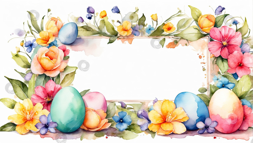 Скачать Разноцветная акварельная рамка для пасхальных яиц с весенними цветами - Пасхальная открытка с пространством для текста. пасхальный фон в деревенском стиле. Создан искусственным интеллектом фотосток Ozero