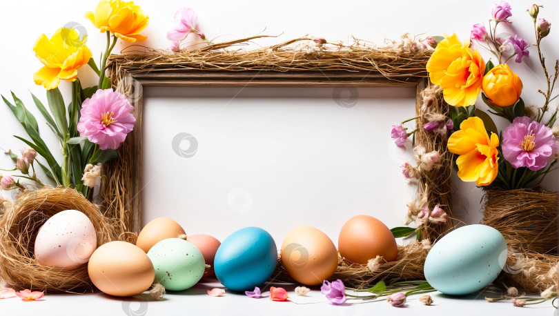 Скачать Разноцветная рамка для пасхальных яиц с весенними цветами - Пасхальная открытка с пространством для текста. пасхальный фон в деревенском стиле. Сгенерирован искусственным интеллектом фотосток Ozero