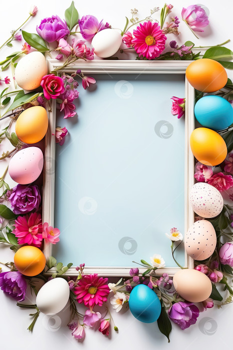 Скачать Разноцветная рамка для пасхальных яиц с весенними цветами - Пасхальная открытка с пространством для текста. пасхальный фон в деревенском стиле. Сгенерирован искусственным интеллектом фотосток Ozero
