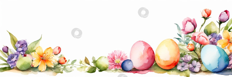 Скачать Разноцветные акварельные пасхальные яйца на столе с весенними цветами - Пасхальный баннер с пространством для текста. пасхальный фон в деревенском стиле. Сгенерирован искусственным интеллектом фотосток Ozero
