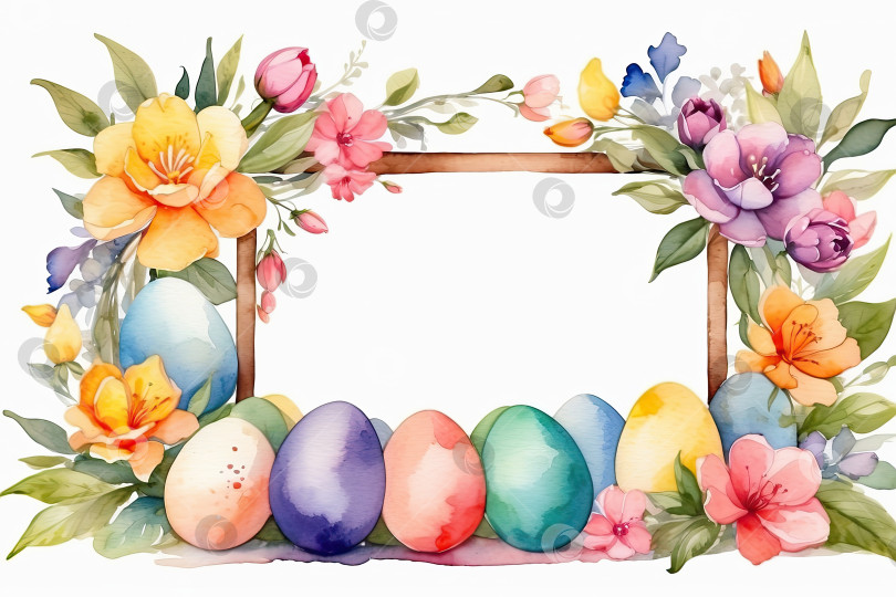Скачать Разноцветная акварельная рамка для пасхальных яиц с весенними цветами - Пасхальная открытка с пространством для текста. пасхальный фон в деревенском стиле. Создан искусственным интеллектом фотосток Ozero