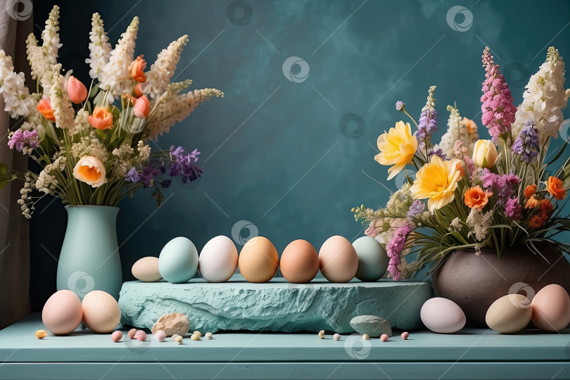 Скачать Разноцветные пасхальные яйца на столе с весенними цветами - Пасхальный баннер с пространством для текста. пасхальный фон в деревенском стиле. Сгенерирован искусственным интеллектом фотосток Ozero