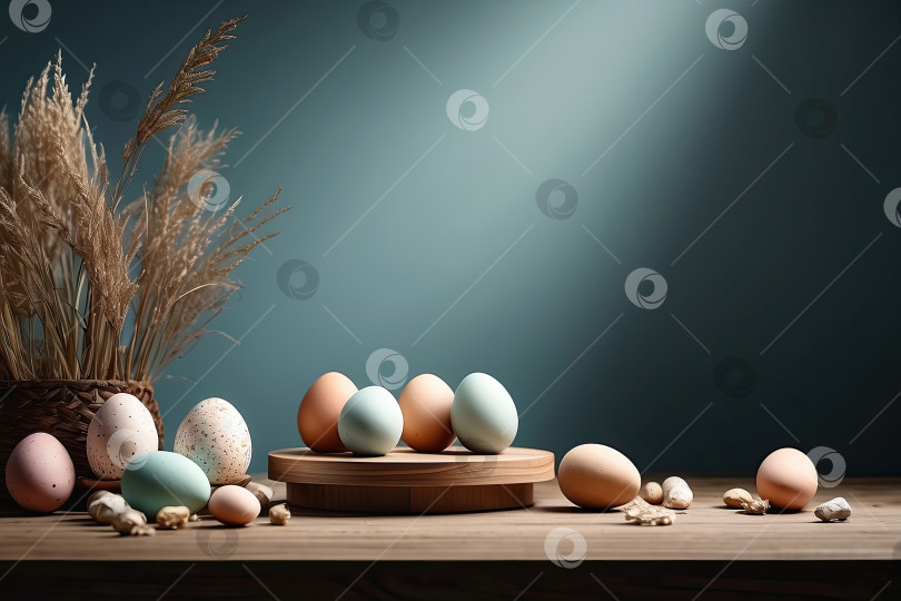 Скачать Натуральные пасхальные яйца на подиуме с весенними цветами - Пасхальный баннер с пространством для текста. пасхальный фон в деревенском стиле. Сгенерирован искусственным интеллектом фотосток Ozero