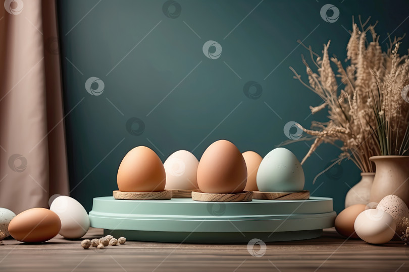 Скачать Натуральные пасхальные яйца на подиуме с весенними цветами - Пасхальный баннер с пространством для текста. пасхальный фон в деревенском стиле. Сгенерирован искусственным интеллектом фотосток Ozero