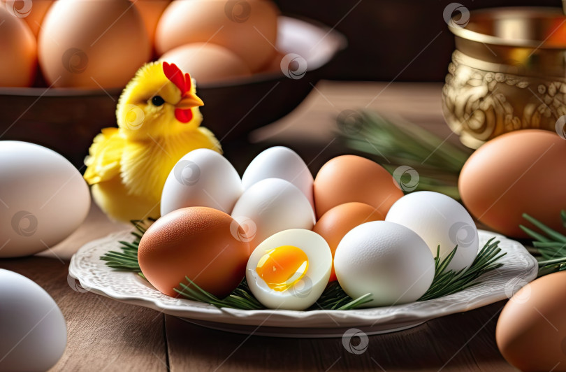 Скачать Вареные куриные яйца на столе на тарелке - яйца всмятку с жидким желтком популярный завтрак, пасхальный завтрак и декор в деревенском стиле. Искусственный интеллект сгенерирован фотосток Ozero