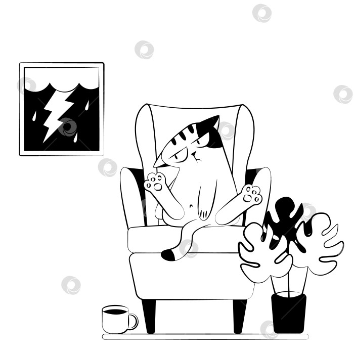 Скачать Смешной, забавный, грустный кот в кресле. Черно-белый рисунок кота фотосток Ozero