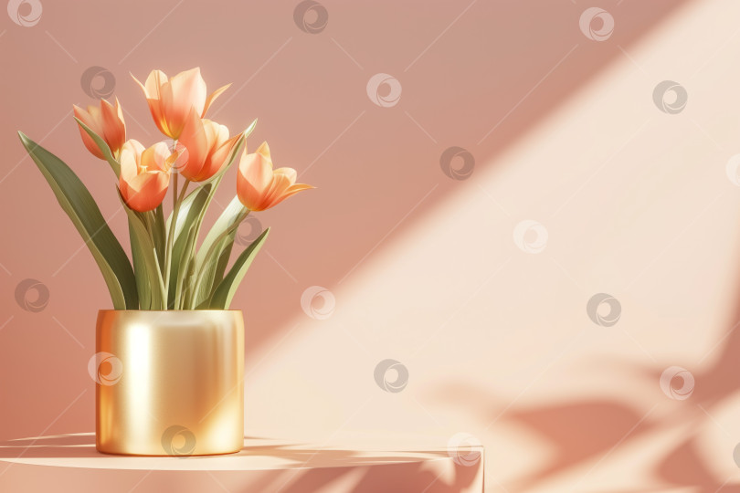 Скачать Минималистичный натюрморт с тюльпанами в золотой вазе, воспевающий красоту весны фотосток Ozero