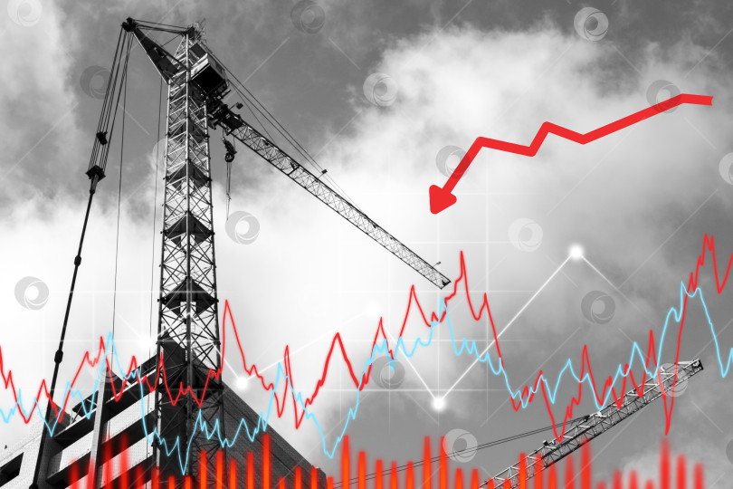 Скачать Кран поднимается над графиком роста. Падение спроса на строительство недвижимости фотосток Ozero