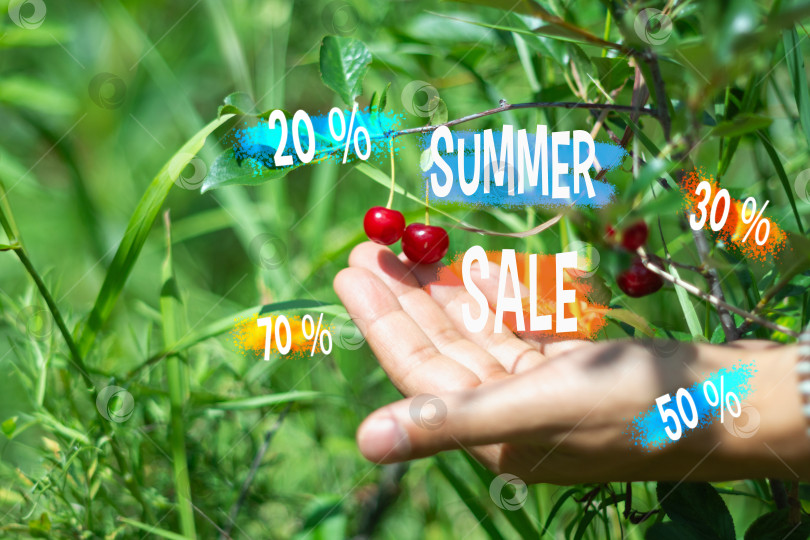 Скачать Красочная акция летней распродажи, парящая над свежими вишнями в залитом солнцем фруктовом саду фотосток Ozero