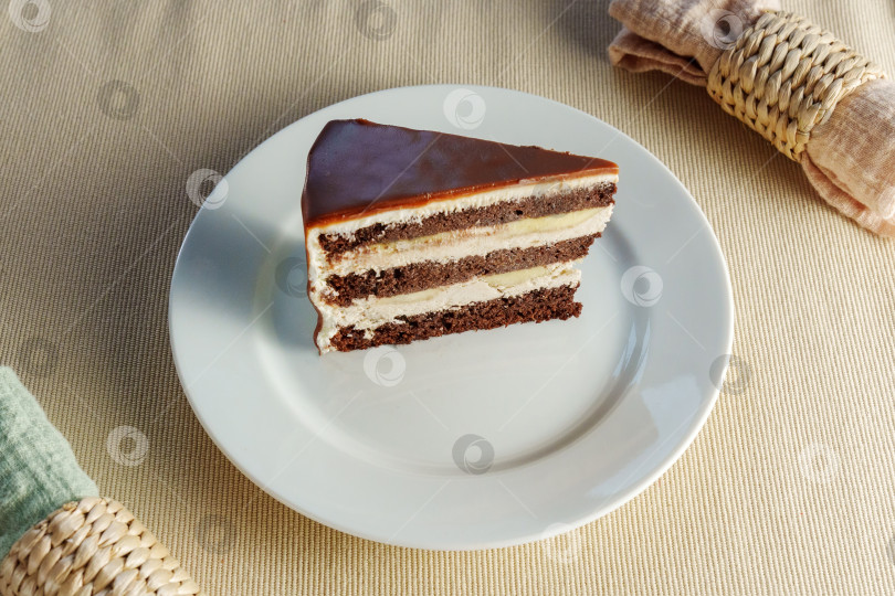 Скачать Нежный ломтик: Декадентский шоколадный торт на сверкающей белой тарелке фотосток Ozero