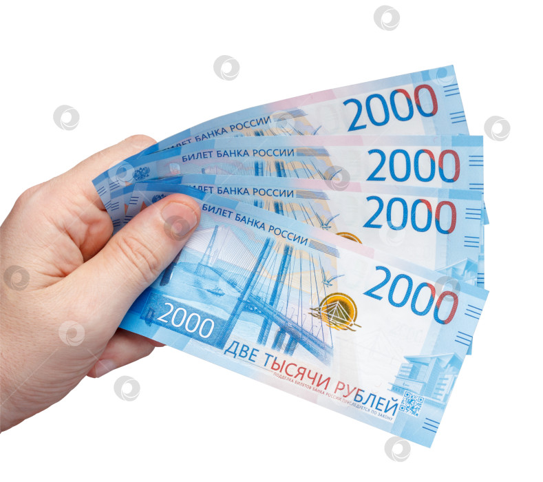 Скачать Новые российские банкноты номиналом в 2000 рублей, изображенные мужской рукой на белом фоне фотосток Ozero