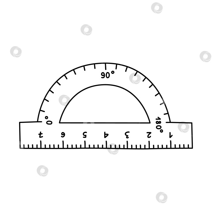 Скачать Симпатичный рисованный пластиковый транспортир с линейкой в стиле каракулей. Инструмент для рисования, измерения градусов. Школьные принадлежности и канцелярские принадлежности для детей, учебы, воспитания, работы. Векторный клипарт с контуром фотосток Ozero