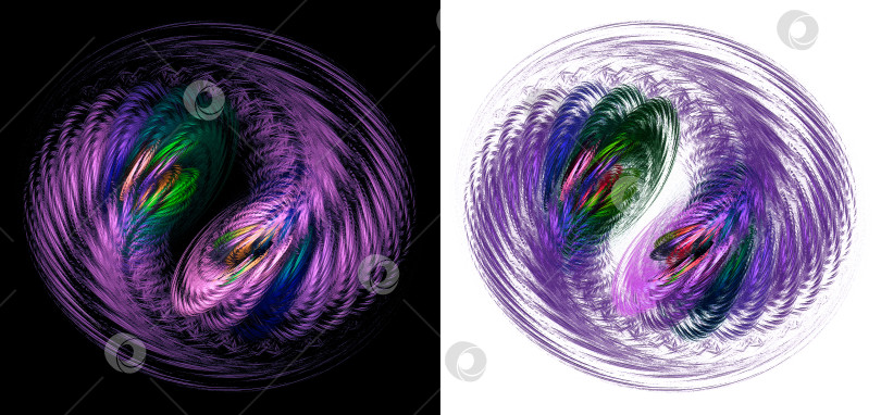 Скачать Два разноцветных воздушных абстрактных пера вращаются одно за другим по кругу на черно-белом фоне. 3D рендеринг. 3D иллюстрация. фотосток Ozero