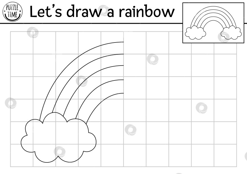 Скачать Дополните радугу облаками. Практикум по симметричному рисованию векторного единорога. Черно-белое занятие для детей "Сказка для печати". Волшебный мир скопируйте страницу раскраски с картинками фотосток Ozero