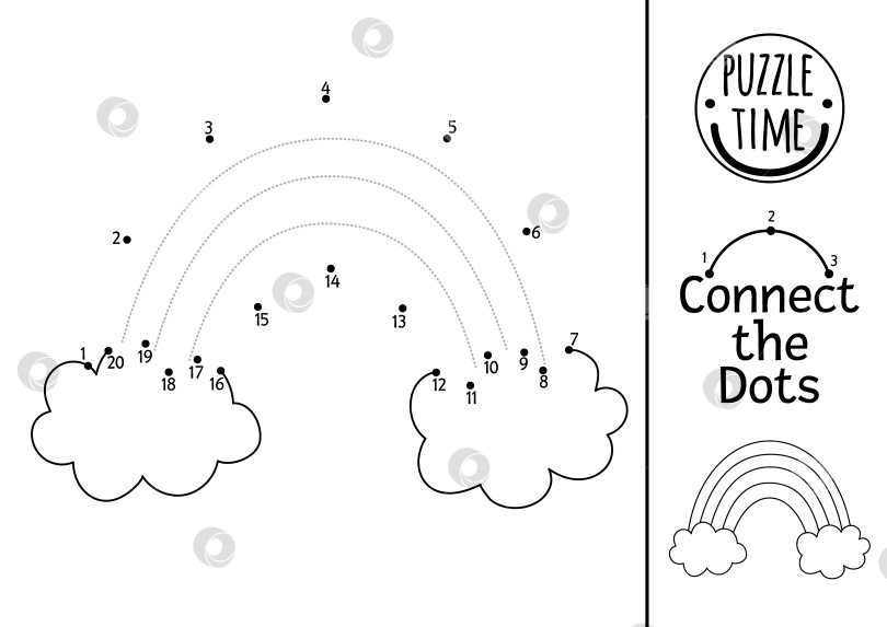Скачать Векторное рисование от точки к точке, раскрашивание и трассировка с радугой и облаками. Сказочная игра "Соедини точки" для детей с милой фантазийной картинкой. Раскраска "Волшебный мир" для детей. Рабочий лист для печати фотосток Ozero