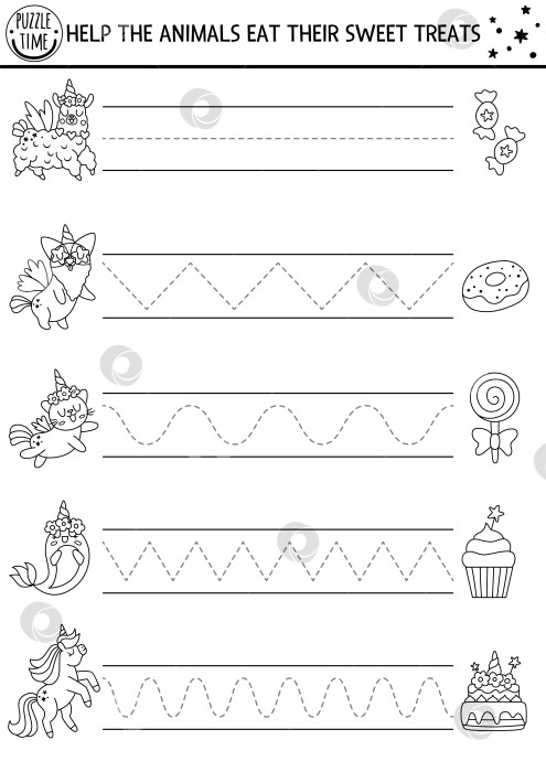 Скачать Векторный лист для отработки рукописного ввода с единорогом, ламой, кошкой и сладкими угощениями. Фантазийное черно-белое занятие для детей. Игра-трассировка для развития навыков письма. Раскраска "Волшебный мир" с десертами фотосток Ozero