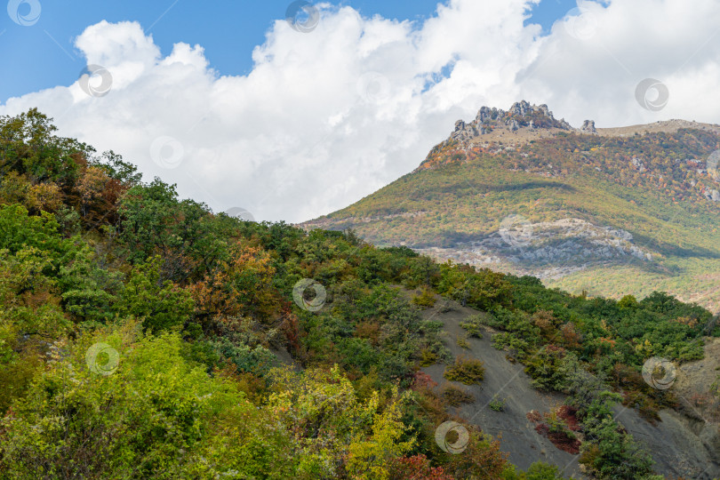 Скачать Живописные осенние склоны крымских гор на южном побережье Крыма. Вдалеке вы можете увидеть знаменитую гору Демерджи с облаками на голубом небе. фотосток Ozero