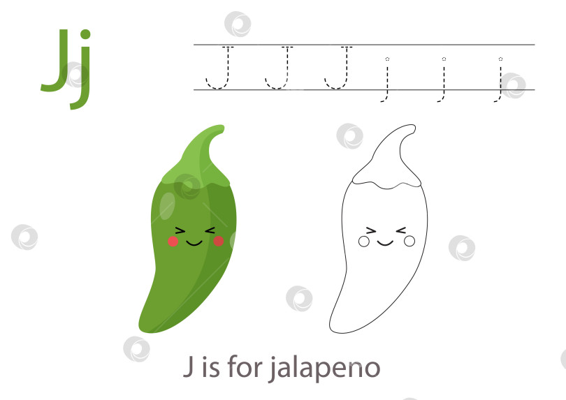 Скачать Рисуем буквы алфавита с помощью милых фруктов и овощей. Раскрасьте симпатичный мультяшный халапеньо. Обведите букву J. фотосток Ozero