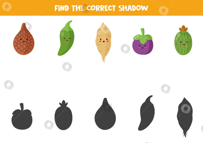 Скачать Найди тени милых кавайных фруктов и овощей - развивающая логическая игра для детей. фотосток Ozero
