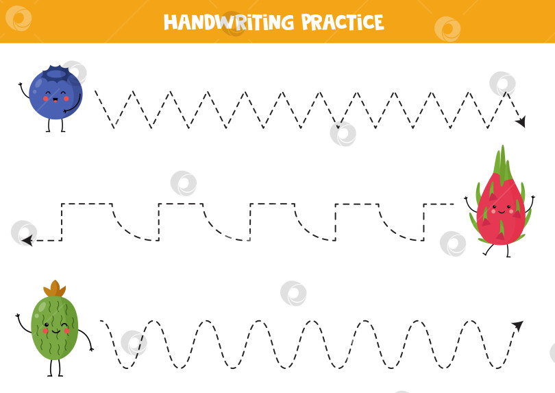 Скачать Обводка линий для детей. Милые мультяшные фрукты и ягоды. Тренировка рукописного ввода. фотосток Ozero