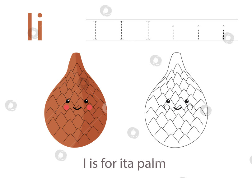 Скачать Прослеживание букв алфавита с помощью милых фруктов и овощей. Раскрасьте милую мультяшную пальму ита. Проследите букву I. фотосток Ozero