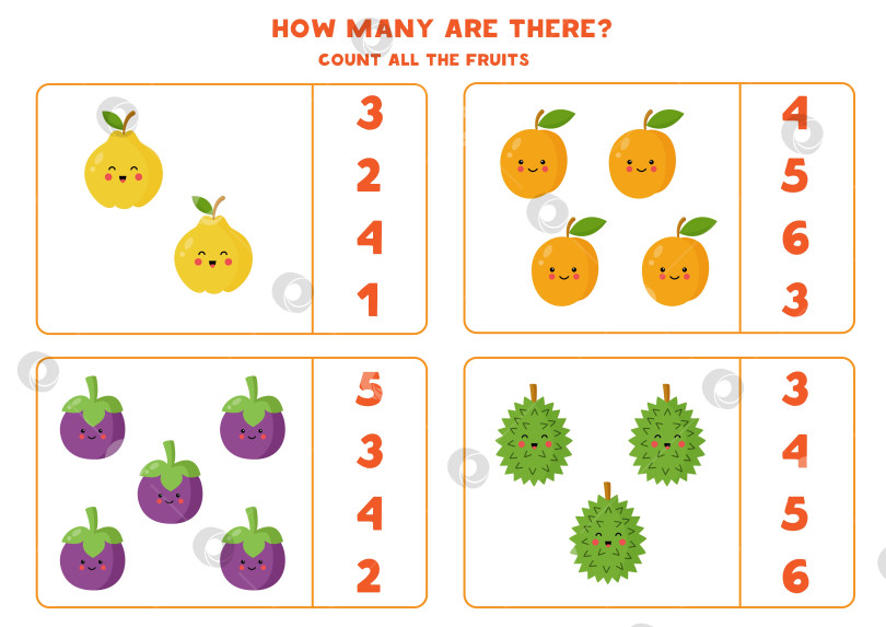 Скачать Подсчитайте все мультяшные фрукты и обведите правильные ответы кружком. фотосток Ozero