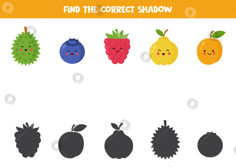 Скачать Найдите тени милых кавайных фруктов и ягод. Развивающая логическая игра для детей. фотосток Ozero