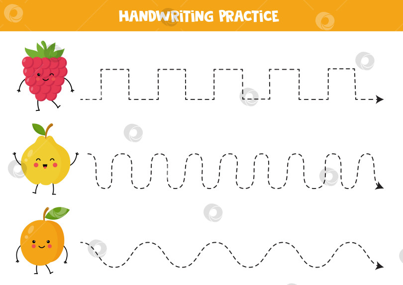 Скачать Обводка линий для детей. Милые мультяшные фрукты и ягоды. Тренировка рукописного ввода. фотосток Ozero